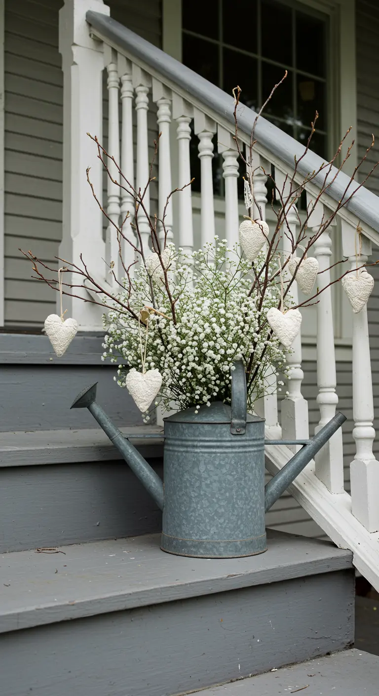 Regadera de zinc con ramas secas y paniculata, decorada con corazones de tela colgantes.