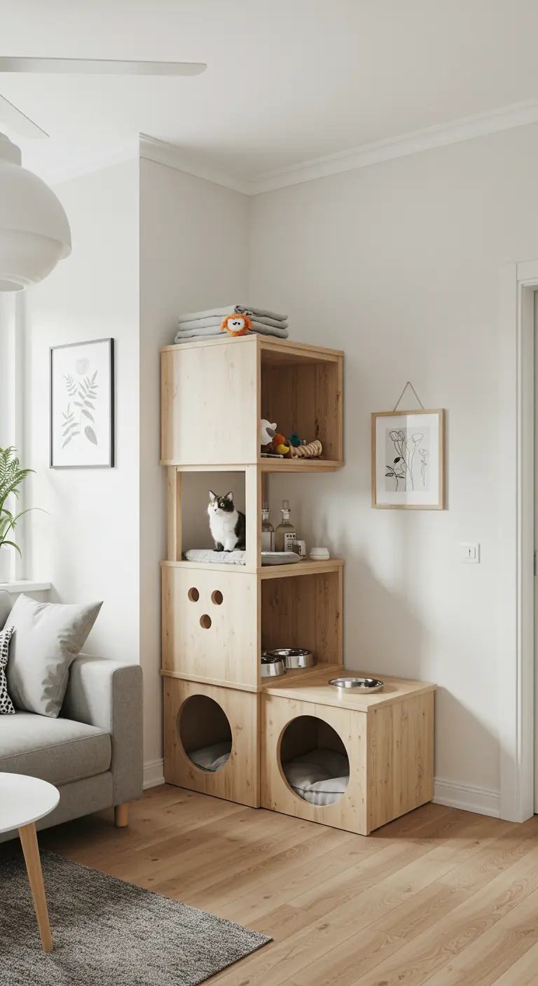 Mueble esquinero modular de madera que funciona como estantería y árbol para gatos.