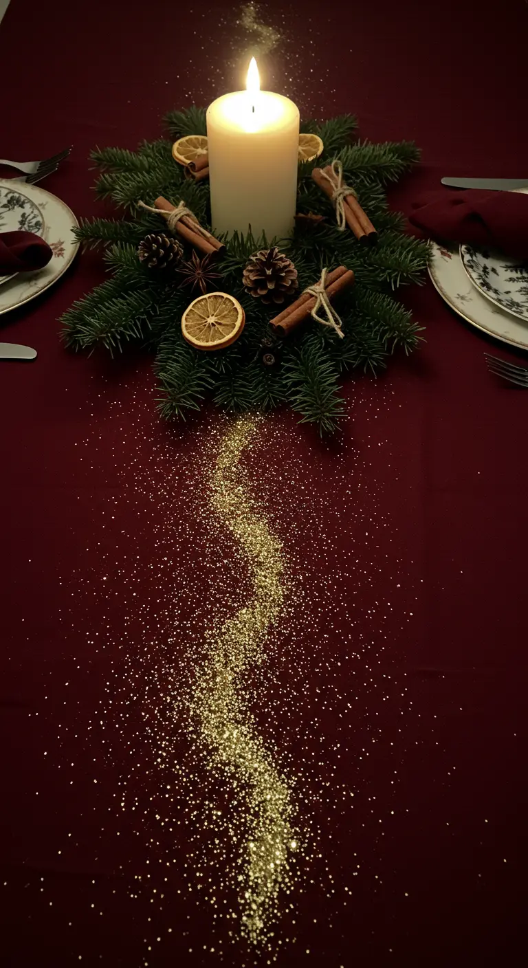 Mantel rojo oscuro con un rastro de purpurina dorada que fluye desde una vela encendida.