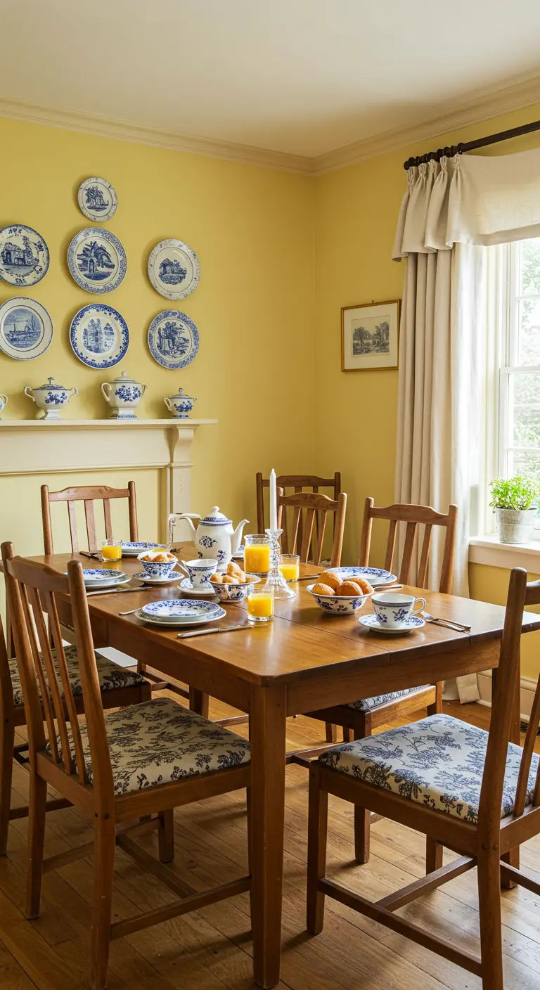 Comedor alegre con paredes amarillas y una colección de platos de porcelana azul y blanca.