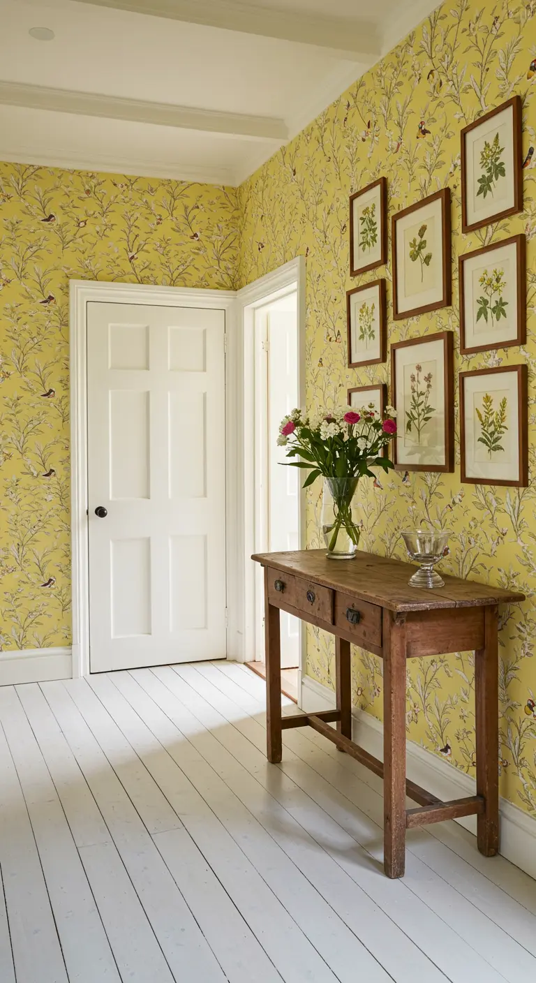 Pasillo alegre con papel tapiz amarillo de pájaros, suelo blanco y una galería de arte botánico.