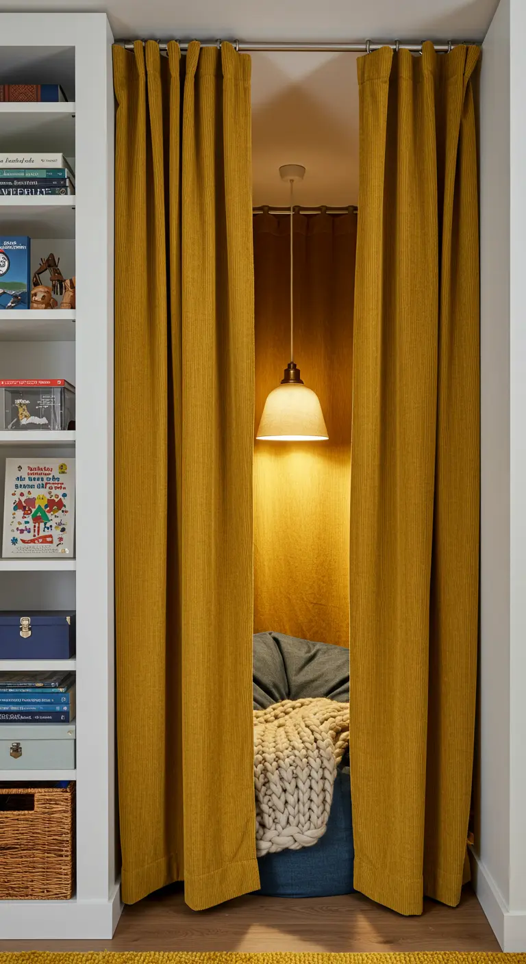 Rincón de lectura en un hueco con cortinas de pana mostaza y un puf azul