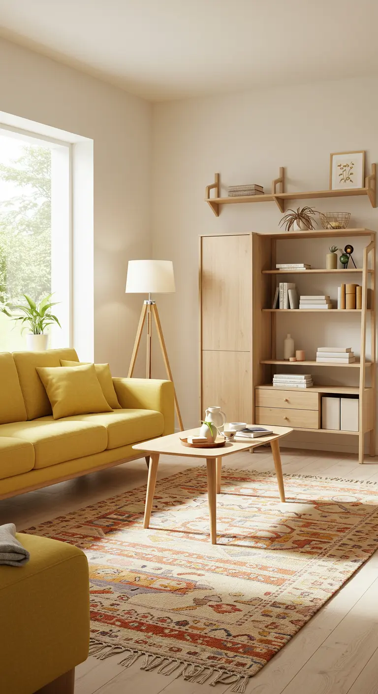 Sala de estar luminosa con un sofá amarillo, muebles de madera clara y una alfombra estampada.