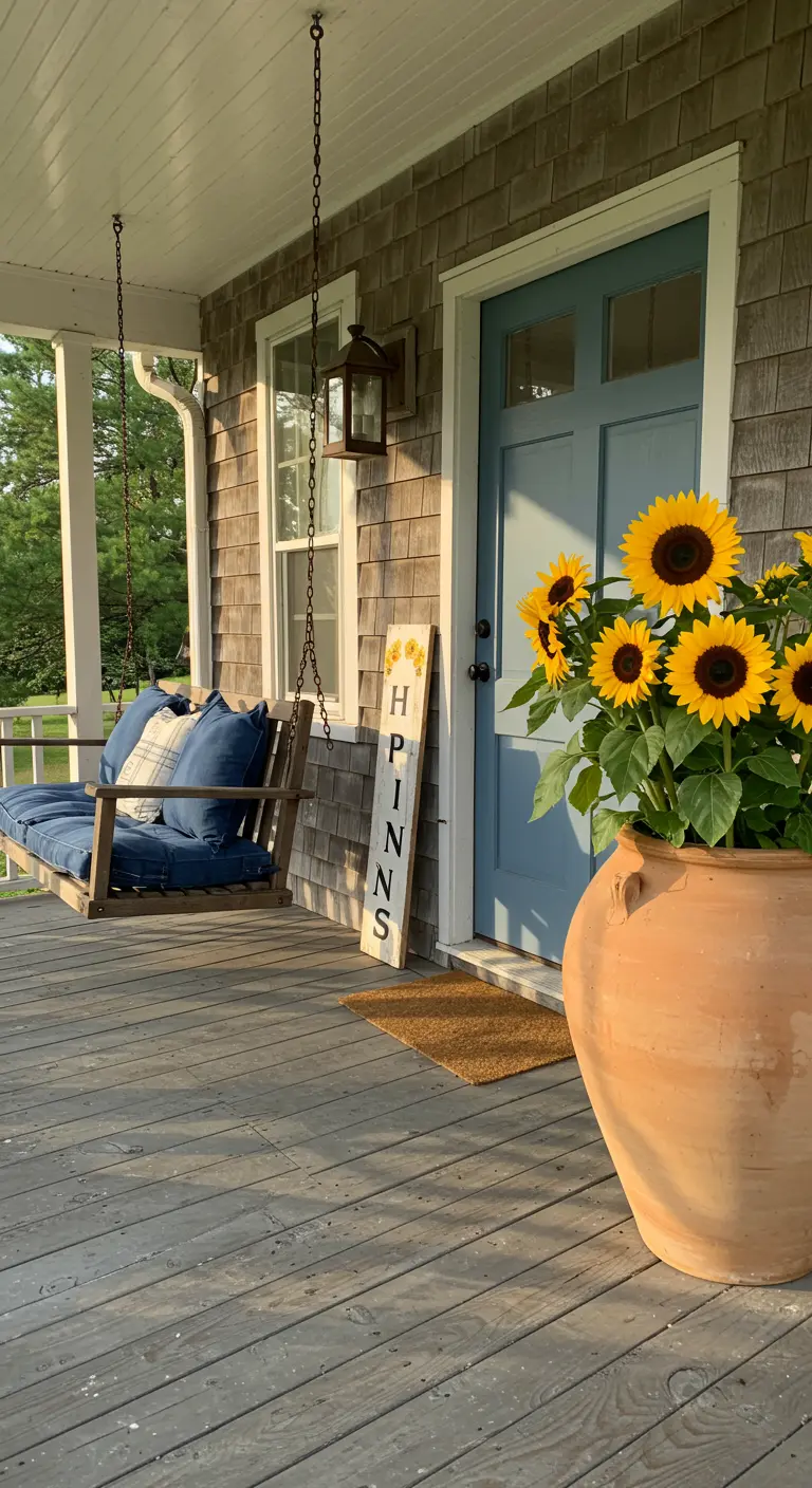 Porche de madera con un columpio, un gran jarrón de terracota con girasoles y un cartel de bienvenida.
