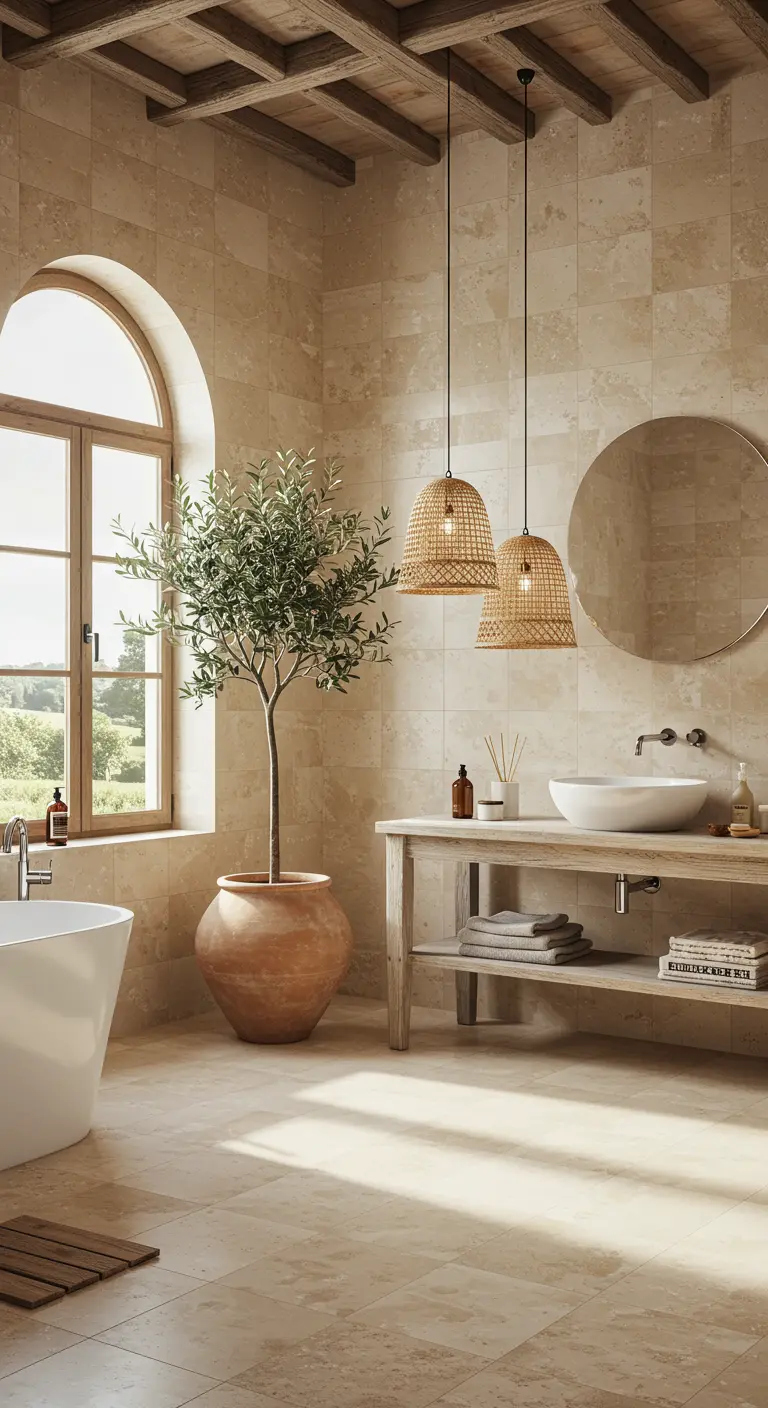 Baño luminoso de estilo mediterráneo con baldosas de travertino, lámparas de ratán y un olivo en maceta.