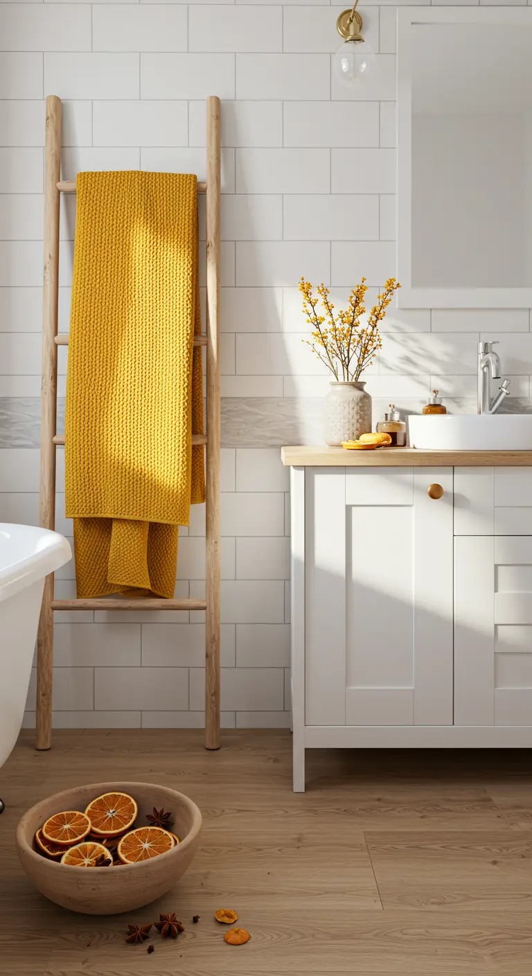 Baño blanco luminoso con escalera de madera, toalla amarilla y un cuenco con naranjas secas.