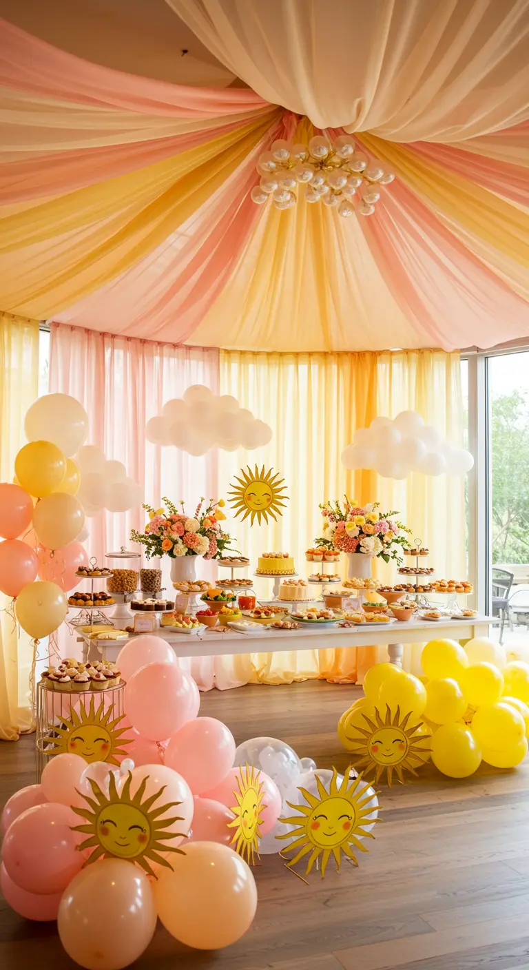 Mesa de postres con temática de sol y nubes en tonos amarillos y melocotón.