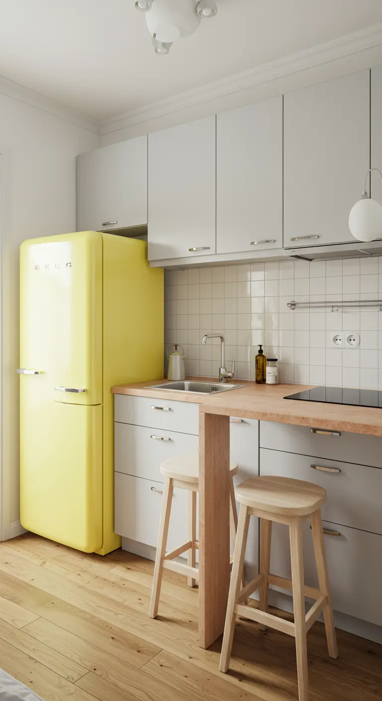 Cocina minimalista con frigorífico retro amarillo, armarios blancos y barra de madera.