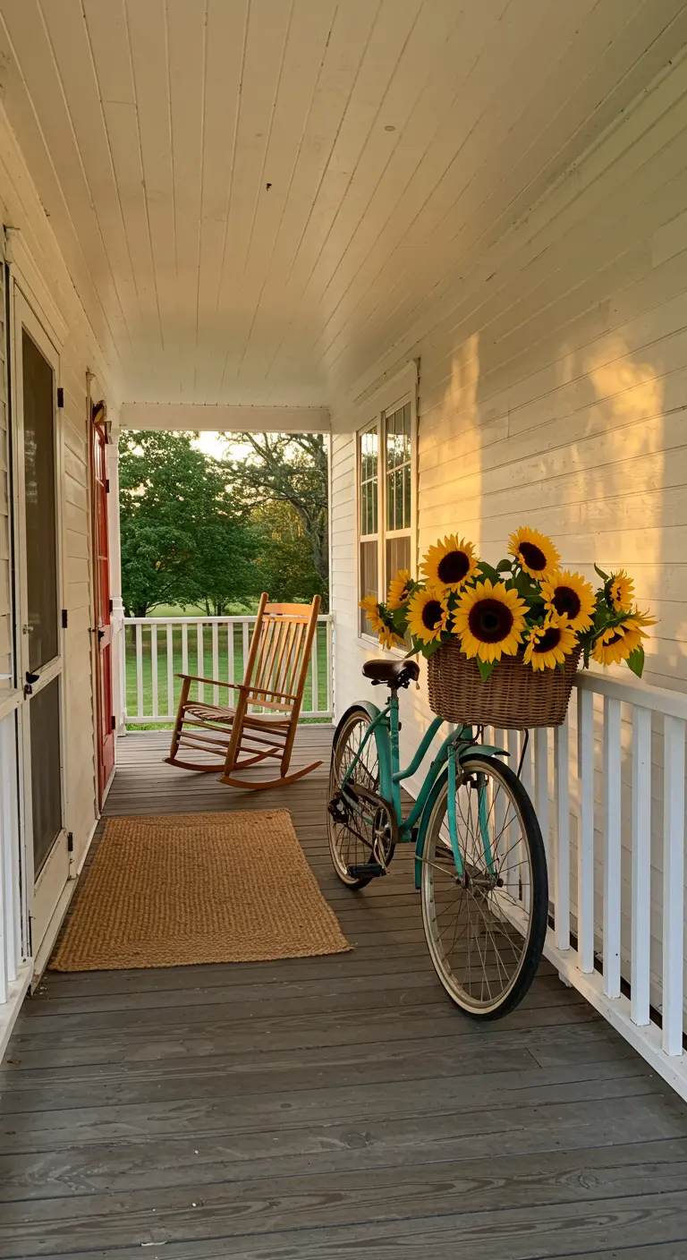 Bicicleta turquesa con girasoles en la cesta, en un porche de madera rústico