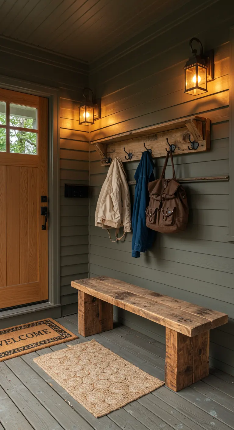 Entrada de porche con un banco de madera maciza y un perchero de pared a juego con ganchos de metal.