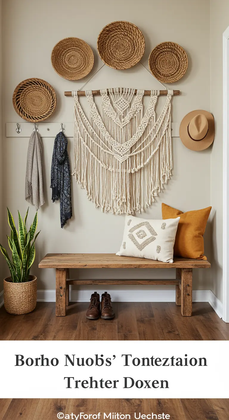 Recibidor de estilo boho con banco de madera, tapiz de macramé y cestas de mimbre.