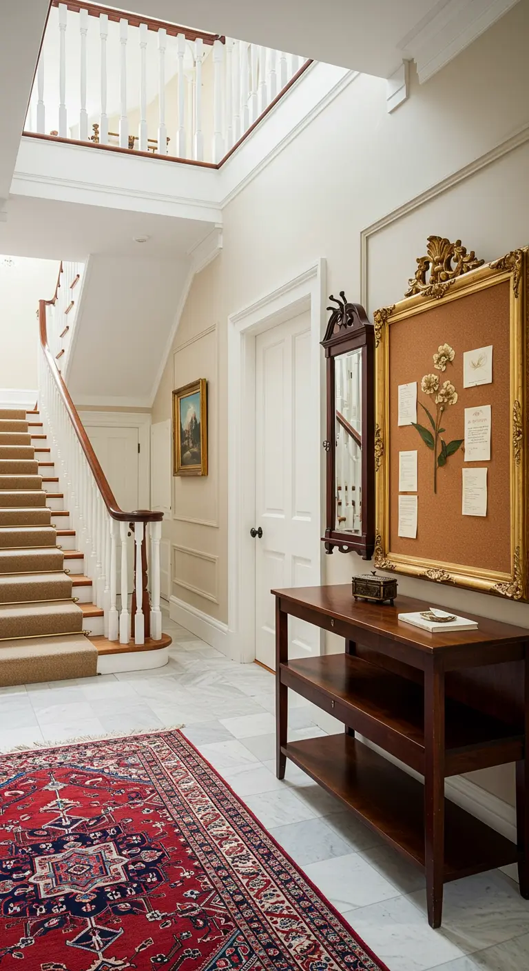 Entrada clásica y elegante con un tablero de corcho dentro de un gran marco dorado ornamental.