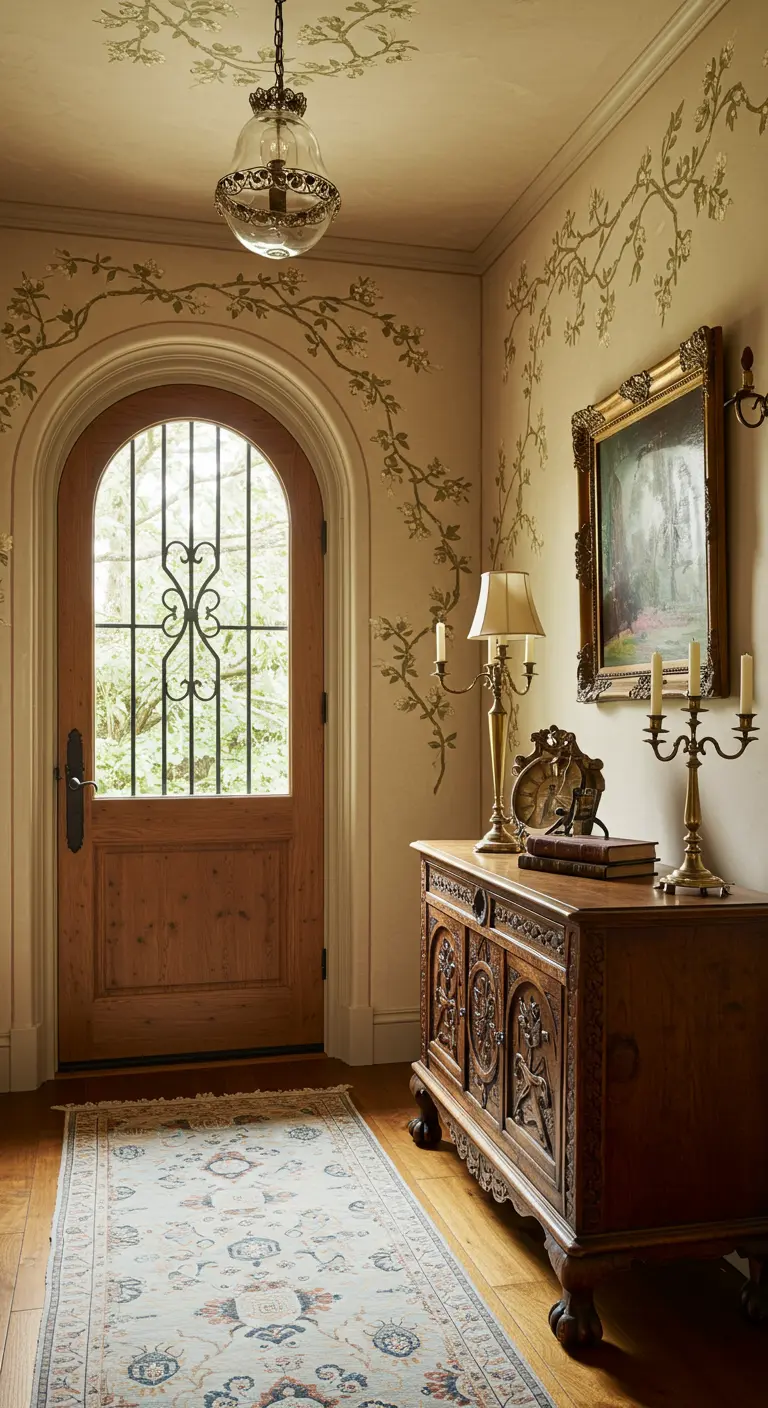 Recibidor con mural de ramas florales en las paredes, un aparador de madera tallada y candelabros.