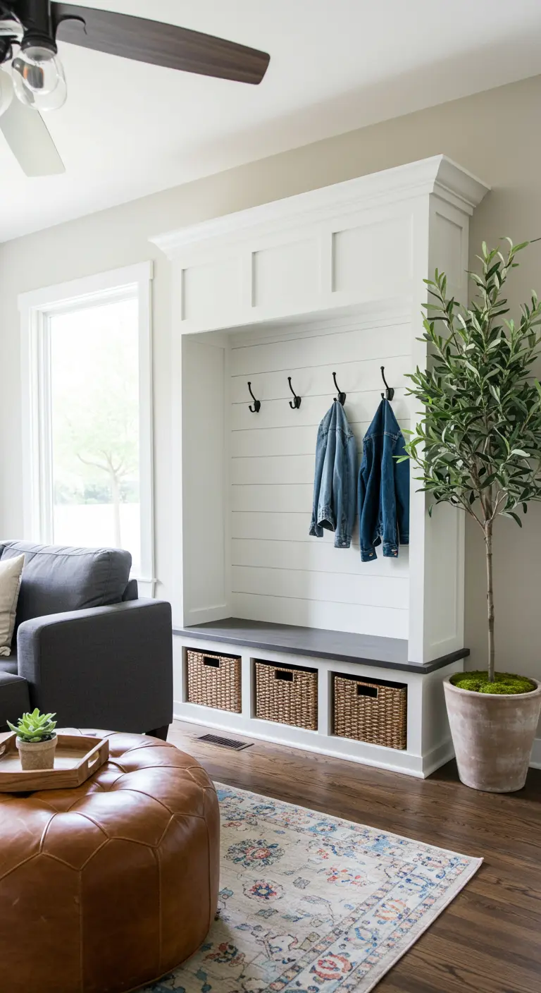 Rincón de entrada blanco con banco, ganchos para abrigos y cestas de mimbre