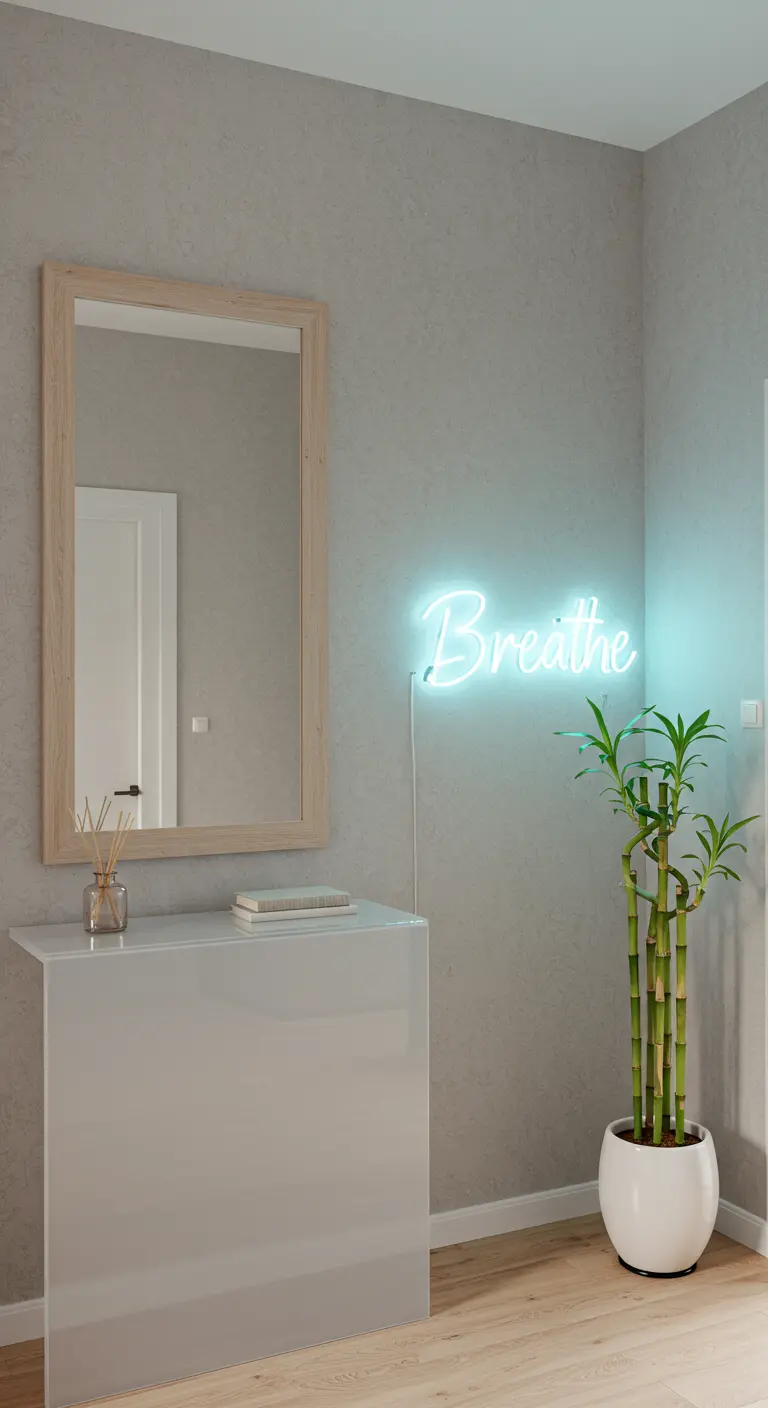 Entrada serena con un neón que dice