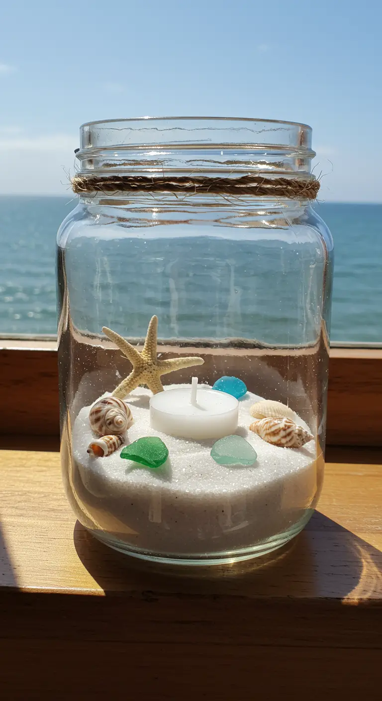Portavelas de frasco con arena, conchas y una vela de té, con el mar de fondo.