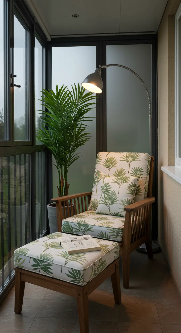 Balcón acristalado con butaca de madera, cojines de palmeras y lámpara de lectura