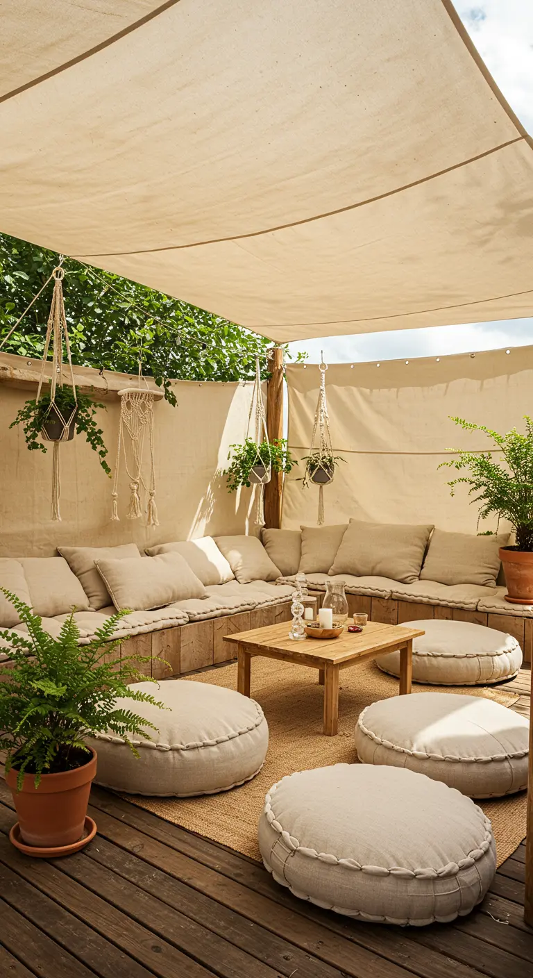 Patio de madera con un dosel de tela, sofás bajos con cojines beige y pufs de suelo.