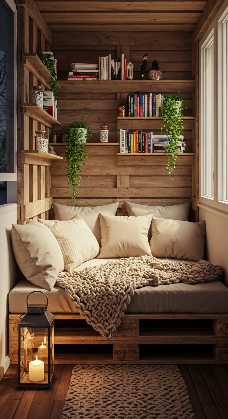 Rincón de lectura íntimo hecho con palets, con estanterías para libros y una decoración muy cálida.