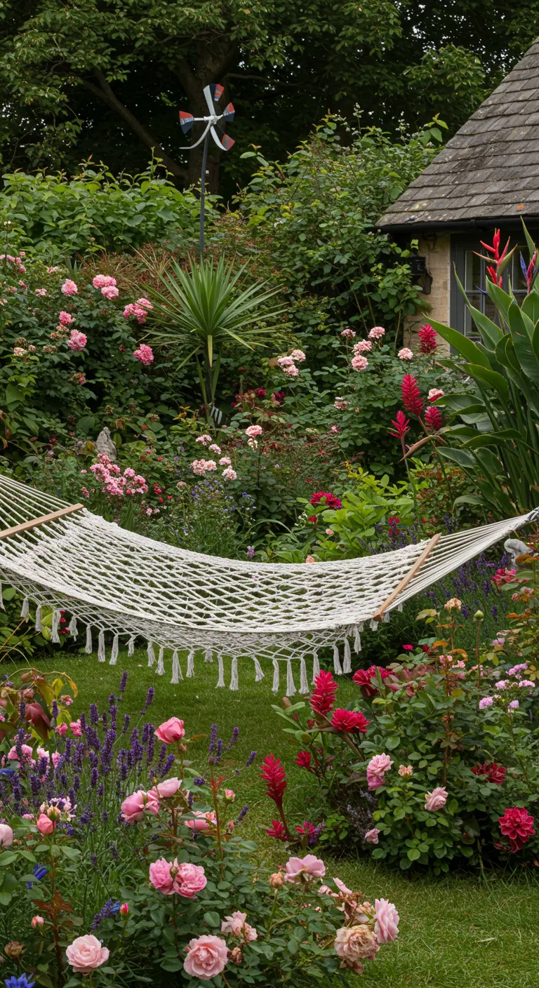 Hamaca de macramé blanco en medio de un jardín inglés rebosante de rosas y flores de colores.