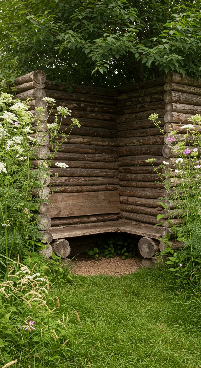 Rincón de descanso en el jardín hecho con paredes de troncos apilados y un banco de madera interior