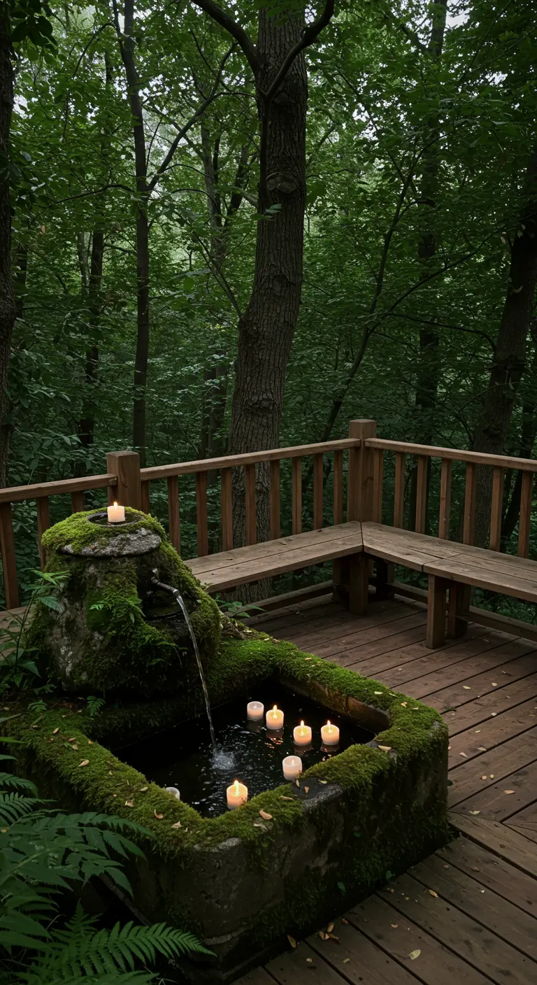 Terraza de madera en el bosque con una fuente de piedra cubierta de musgo y velas flotantes