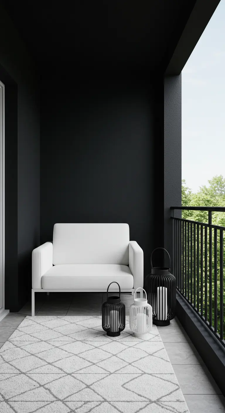 Balcón con paredes negras, un sofá blanco y un grupo de farolillos blancos y negros.
