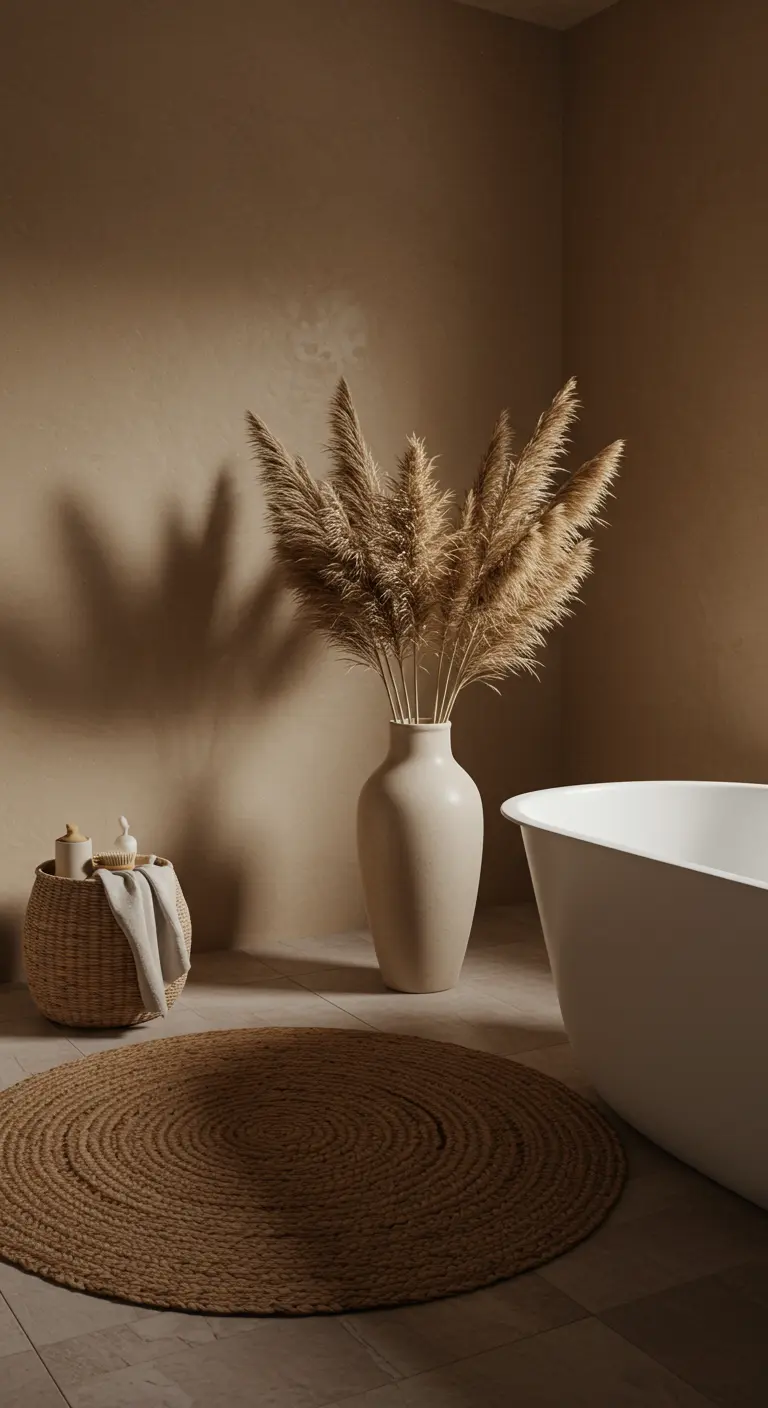 Baño minimalista en tonos arena con un gran jarrón con hierba de la pampa junto a la bañera.