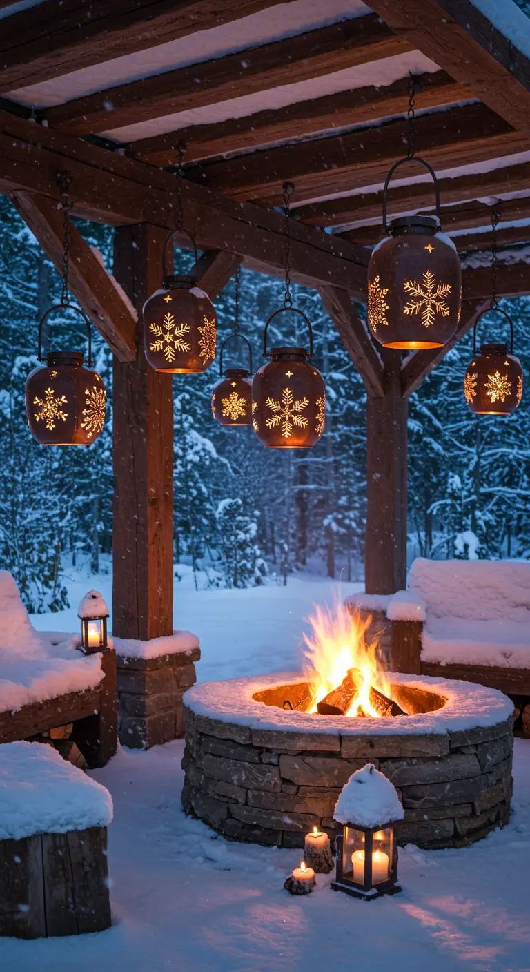 Patio nevado con brasero, bancos de madera y faroles con copos de nieve