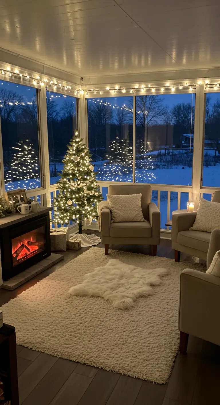 Porche cerrado decorado para el invierno con muchas luces, un árbol de Navidad y una chimenea.