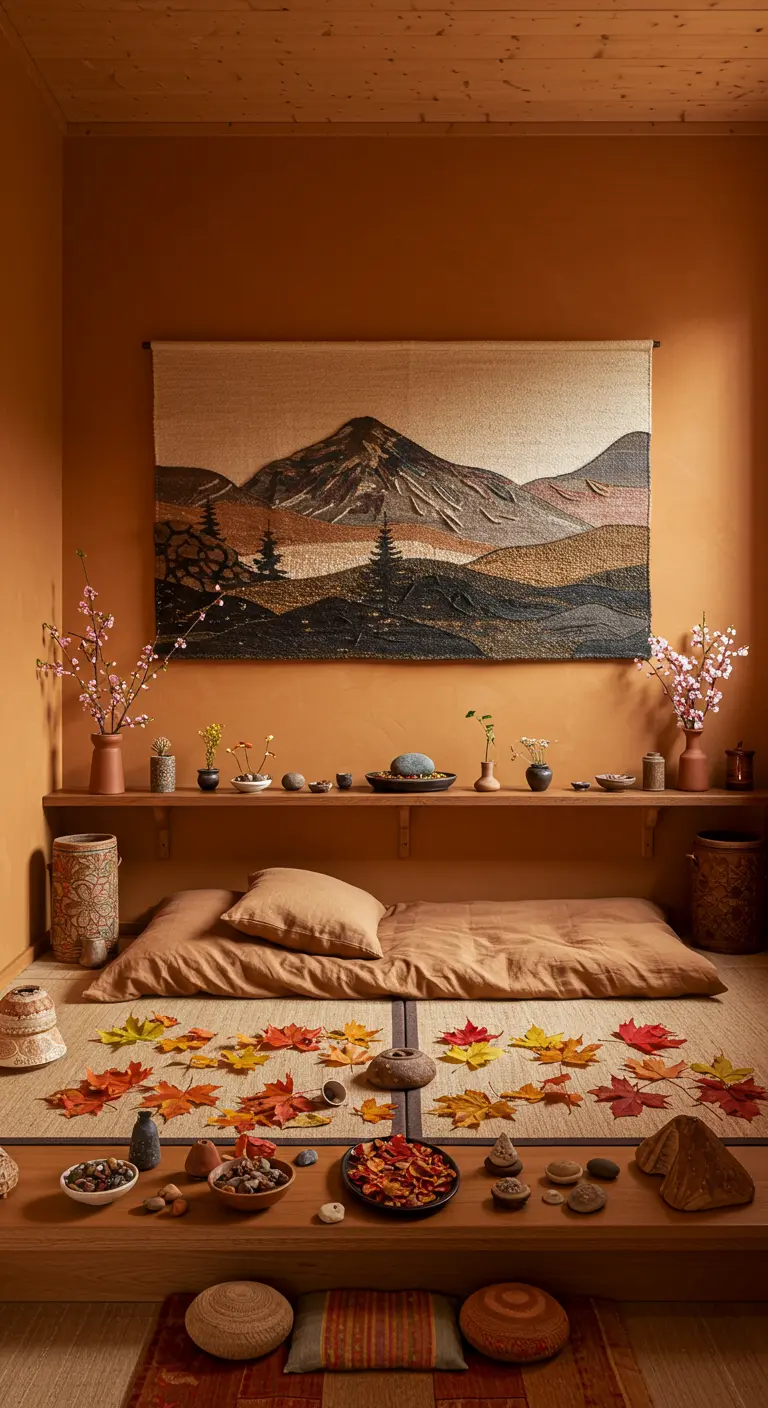 Habitación de estilo japonés con temática otoñal, tapiz de montaña y hojas de arce.