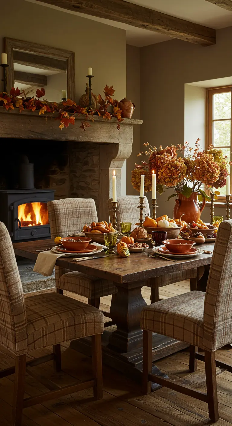 Comedor rústico y acogedor con chimenea, sillas de cuadros y decoración otoñal.