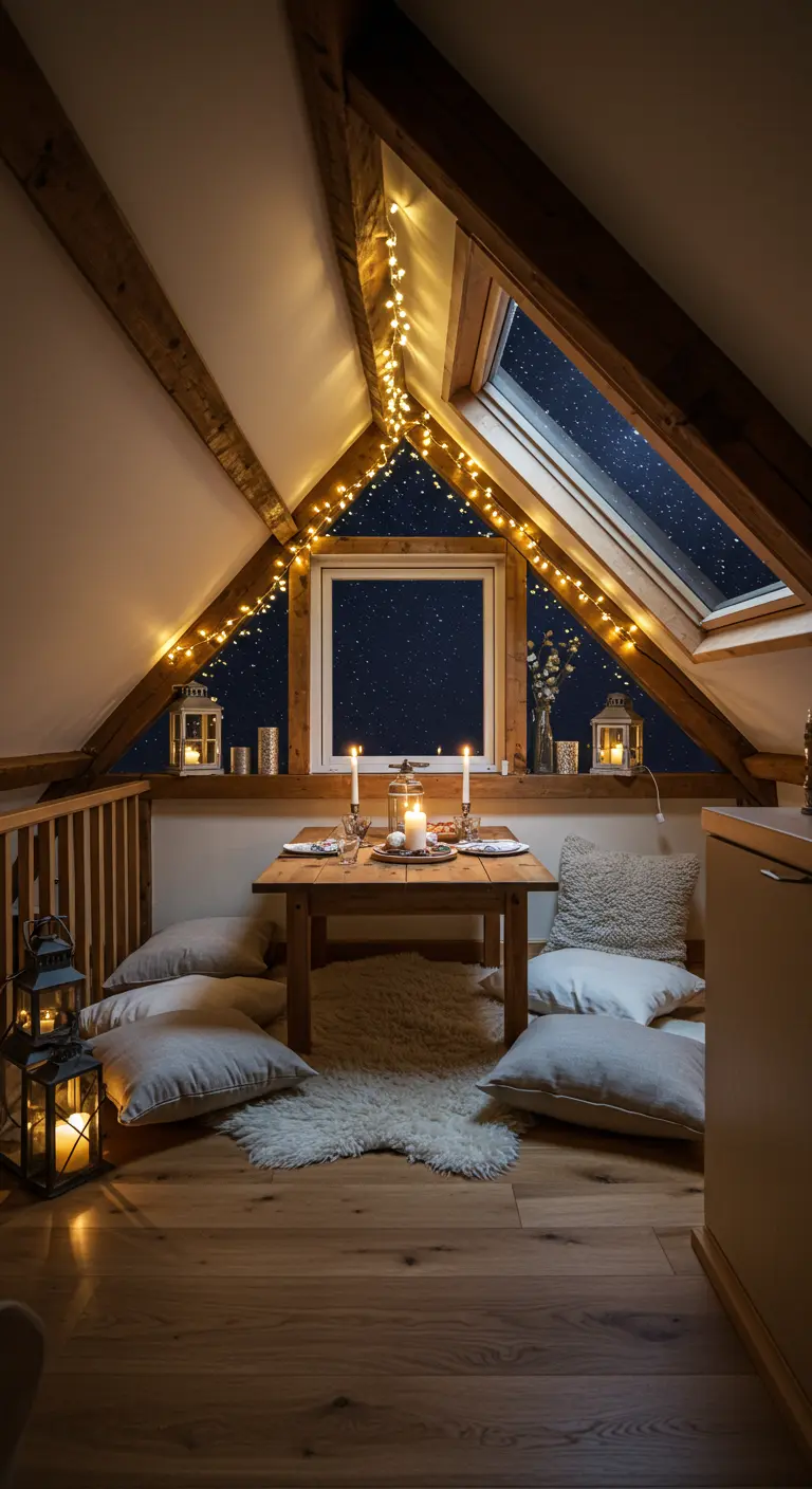Ático acogedor convertido en comedor romántico con luces de hadas alrededor de la ventana.