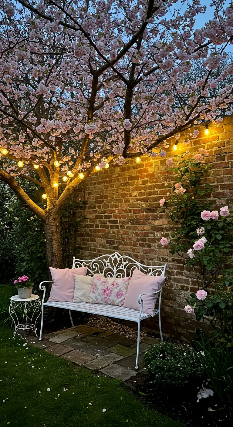 Banco blanco de jardín bajo un cerezo en flor con guirnalda de luces cálidas al anochecer.
