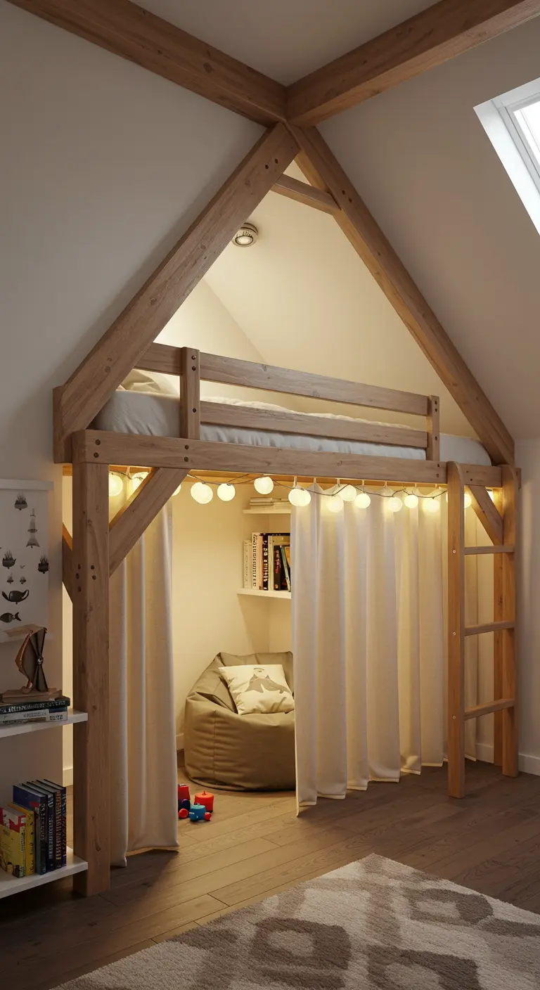 Cama alta de madera con cortinas blancas y luces creando una zona de juegos debajo.