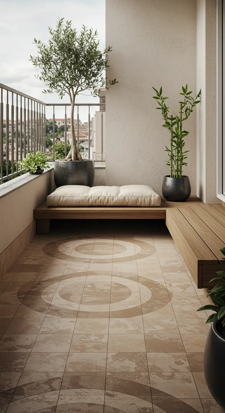 Balcón minimalista con suelo de baldosas beige con círculos, un banco de madera bajo y un olivo en maceta.