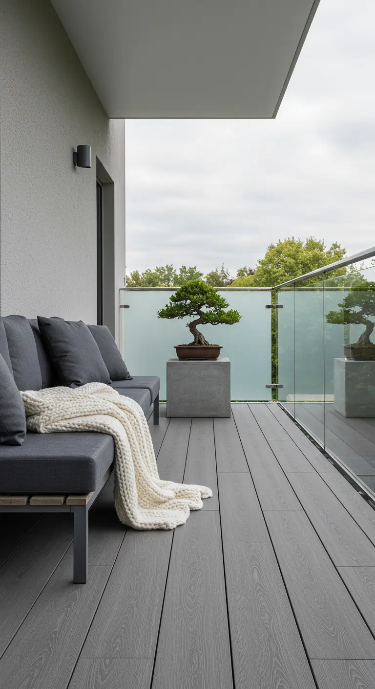 Balcón minimalista con sofá gris, manta blanca y un bonsái como decoración.