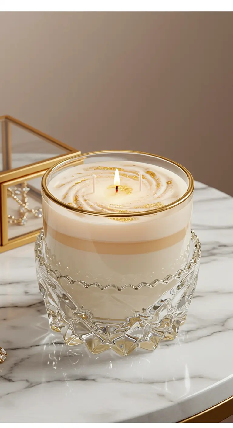 Vela blanca en recipiente de cristal con base tallada y borde dorado, con purpurina dorada