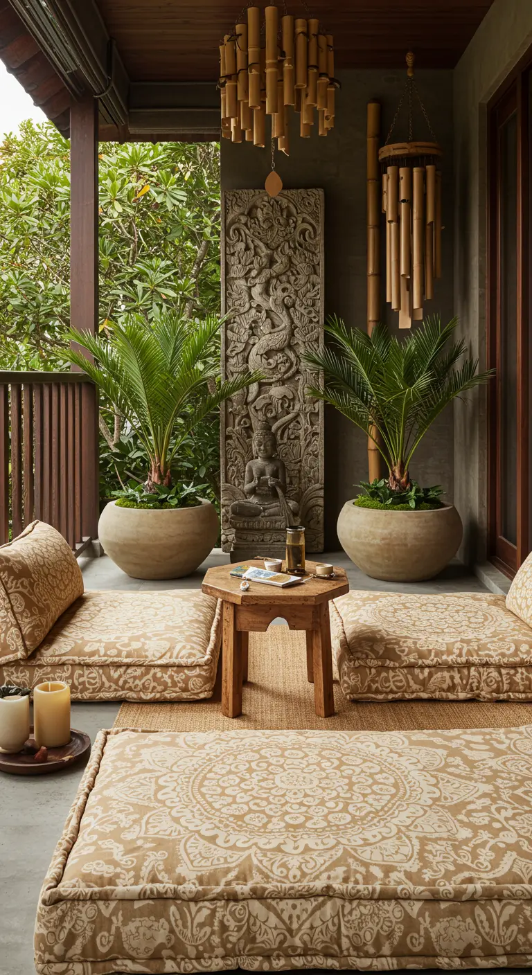 Porche de inspiración balinesa con cojines en el suelo, panel tallado y palmeras