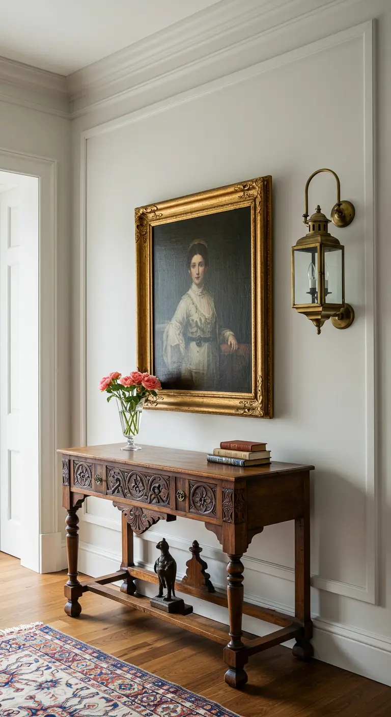 Recibidor clásico con un retrato antiguo enmarcado en oro sobre una consola de madera tallada.