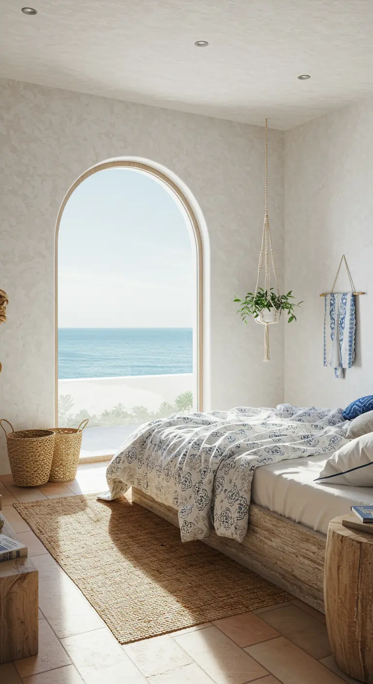 Dormitorio blanco con ventana en arco con vistas al mar y textiles en azul y blanco.