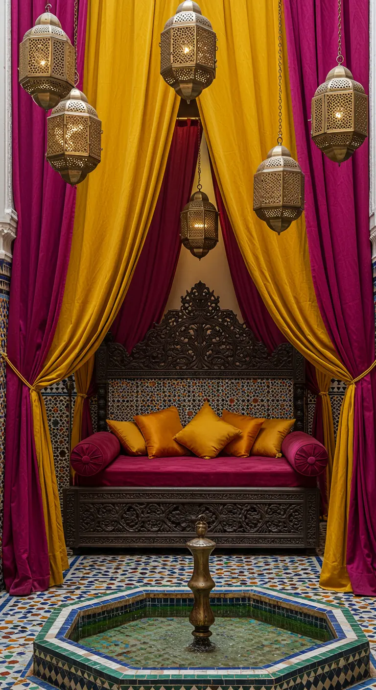 Cama marroquí con cabecero tallado, cortinas fucsias y amarillas, y lámparas de metal colgantes