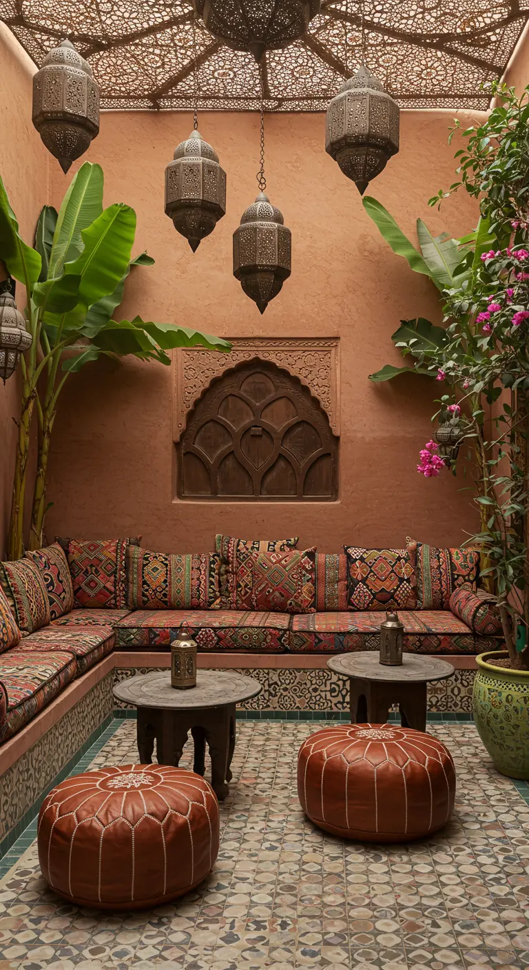 Patio de estilo marroquí con sofás bajos, cojines étnicos y lámparas de metal.