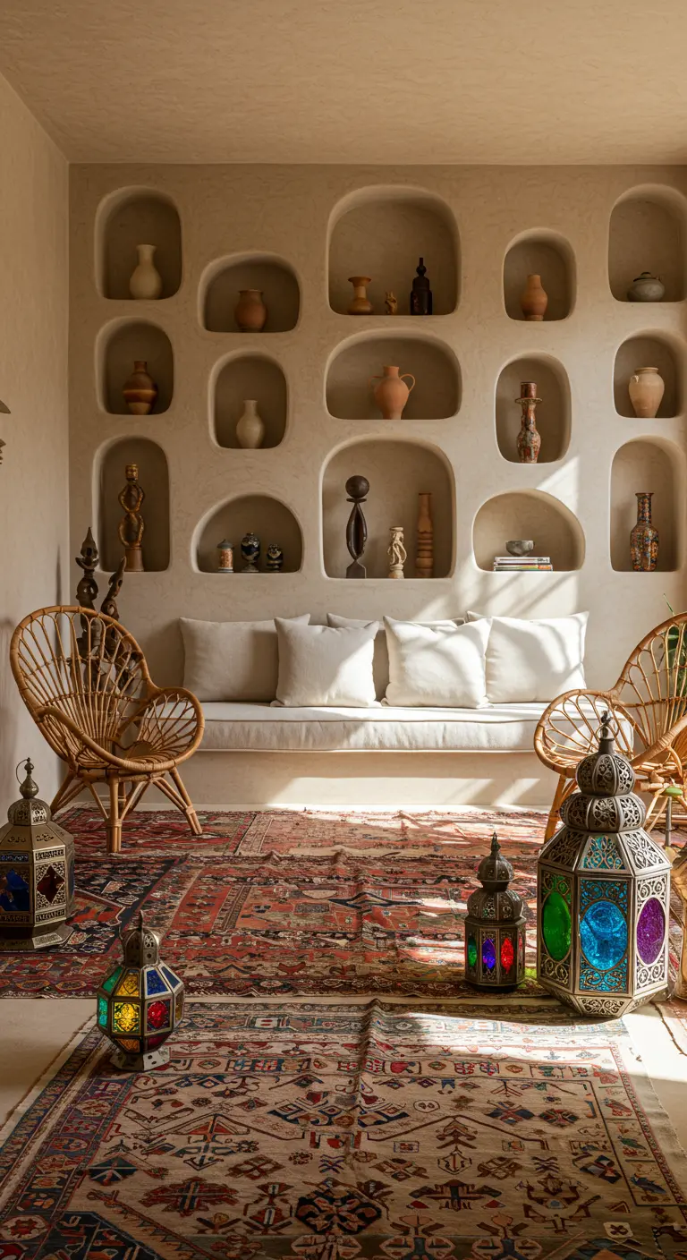 Rincón marroquí con pared de nichos, alfombras persas superpuestas y farolillos de colores