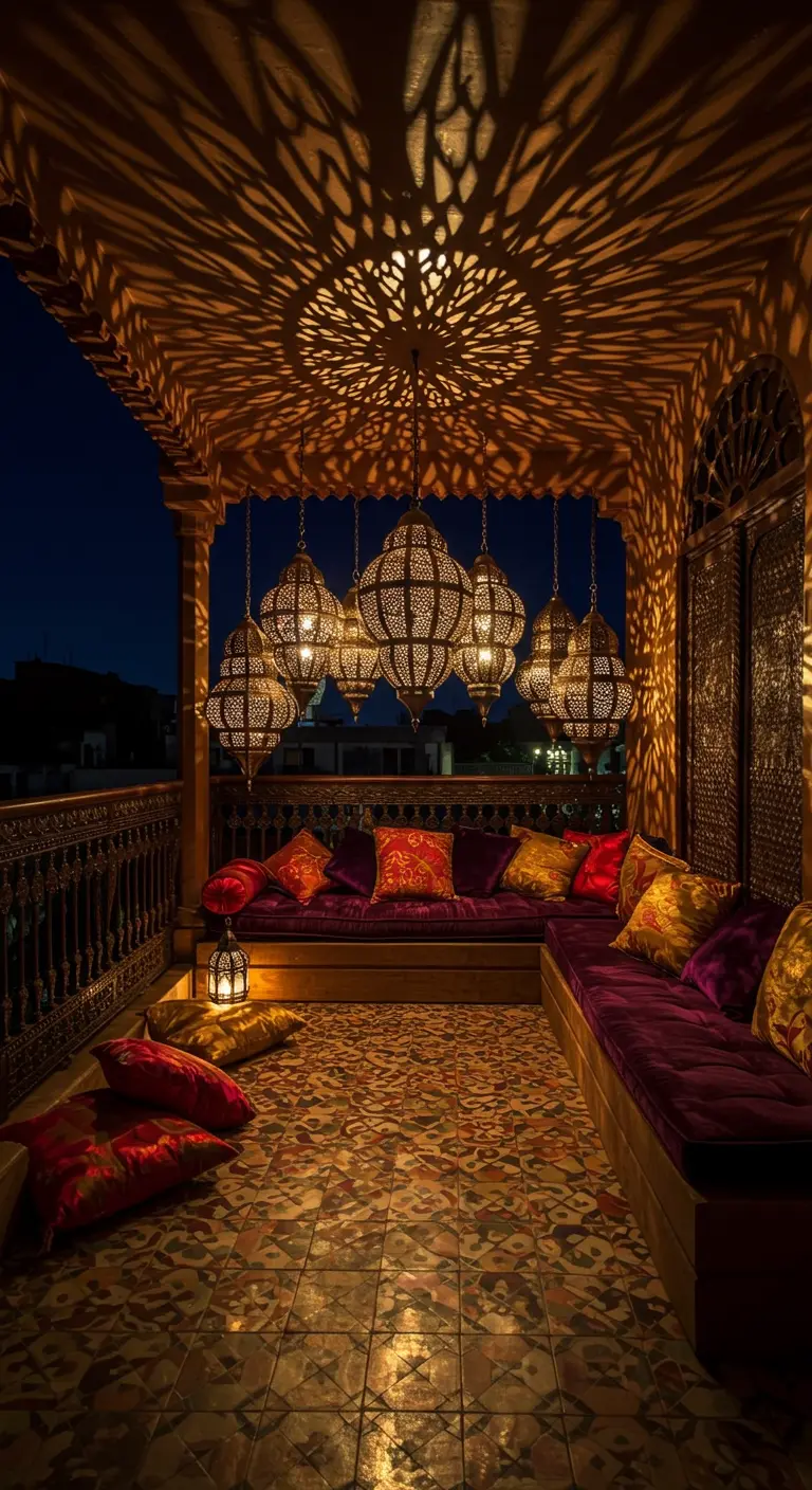 Balcón de estilo marroquí con faroles calados, cojines de terciopelo y patrones de luz.