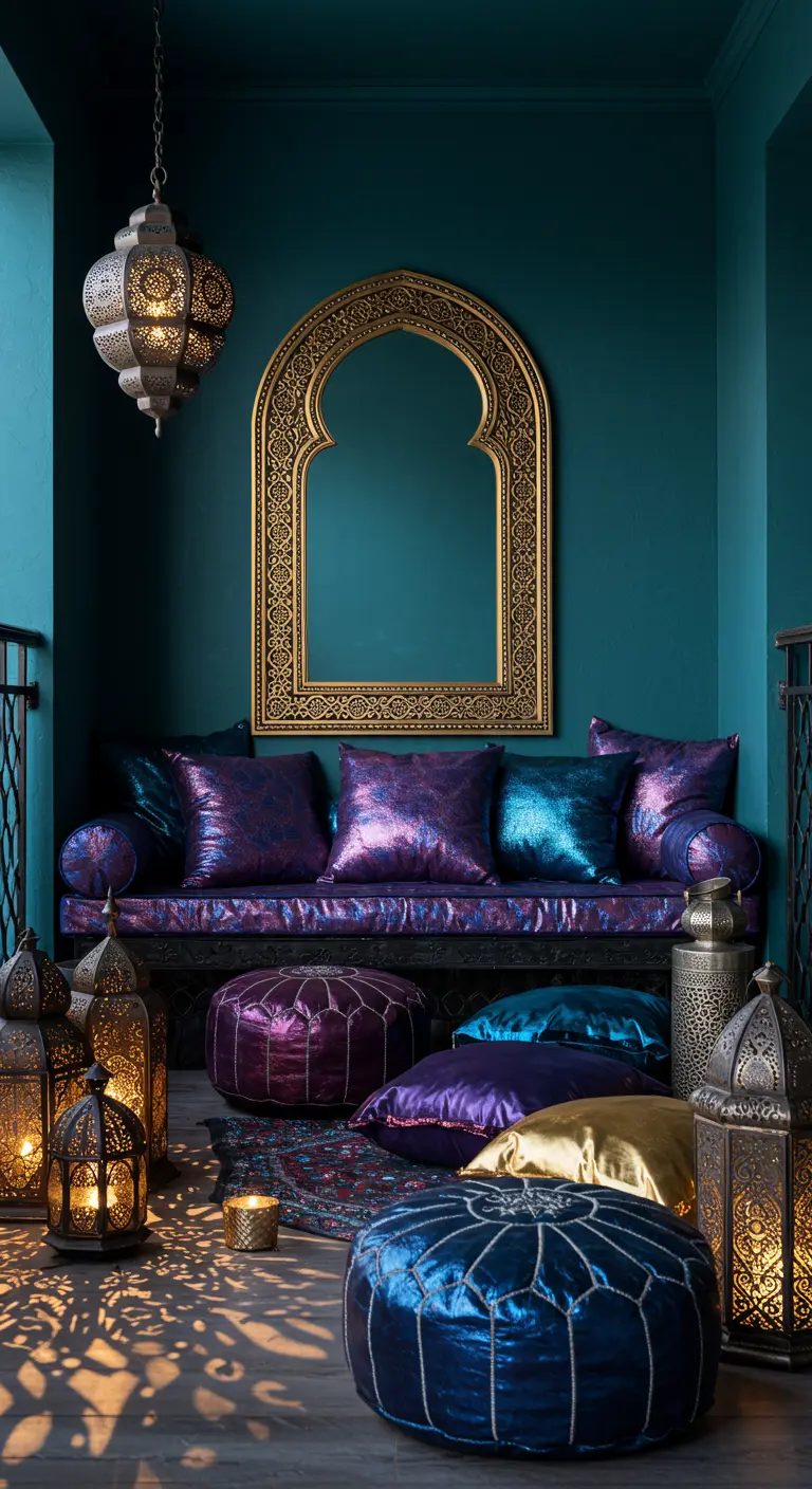 Balcón de estilo marroquí con espejo de arco, pufs y cojines de colores joya y farolillos.