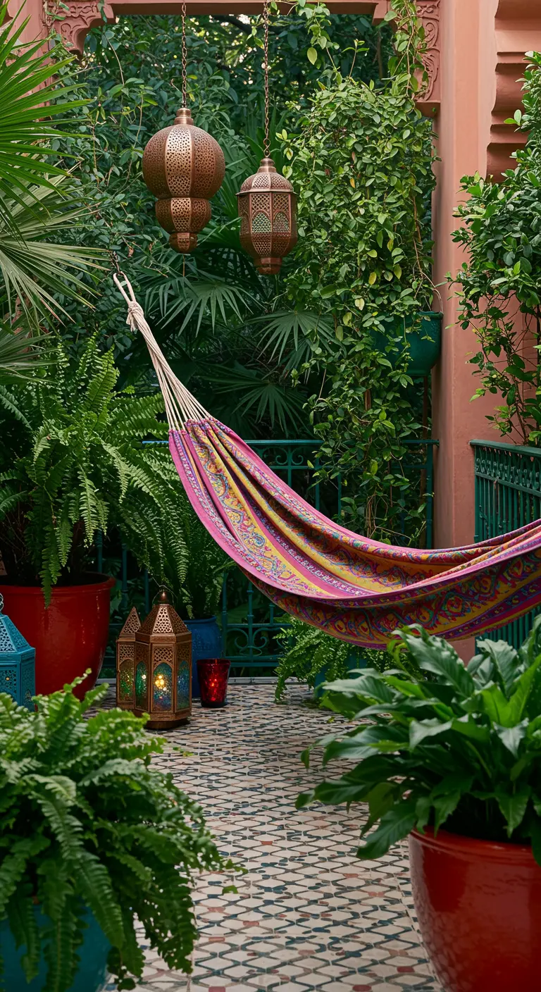 Patio de estilo marroquí con suelo de mosaico, faroles de metal, plantas exuberantes y una hamaca estampada
