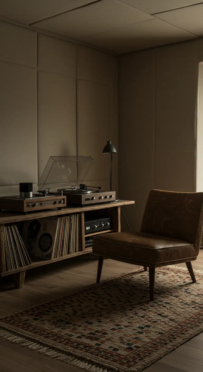 Rincón de música con un tocadiscos, discos de vinilo y un sillón de cuero.