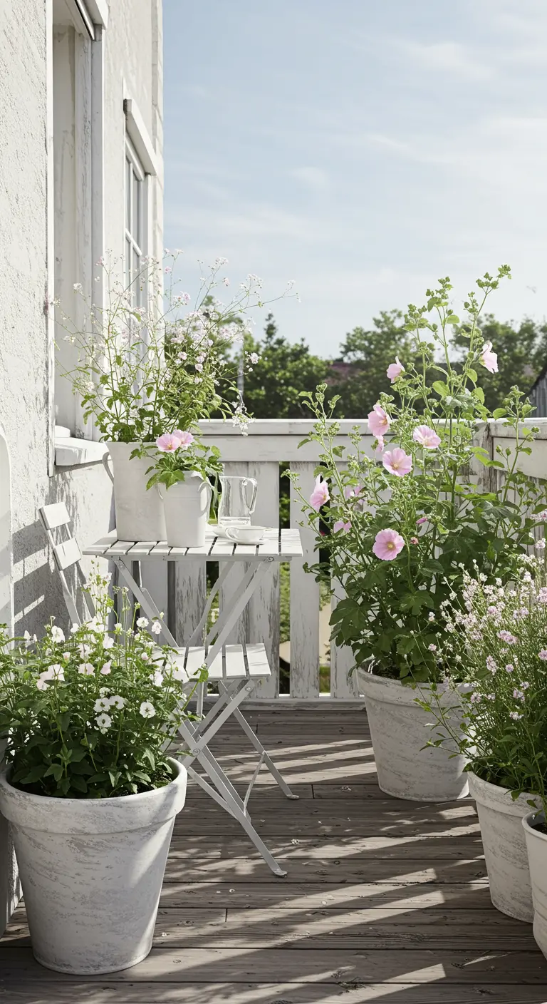 Balcón de estilo shabby chic con muebles blancos, valla blanca y grandes macetas blancas con flores rosas.