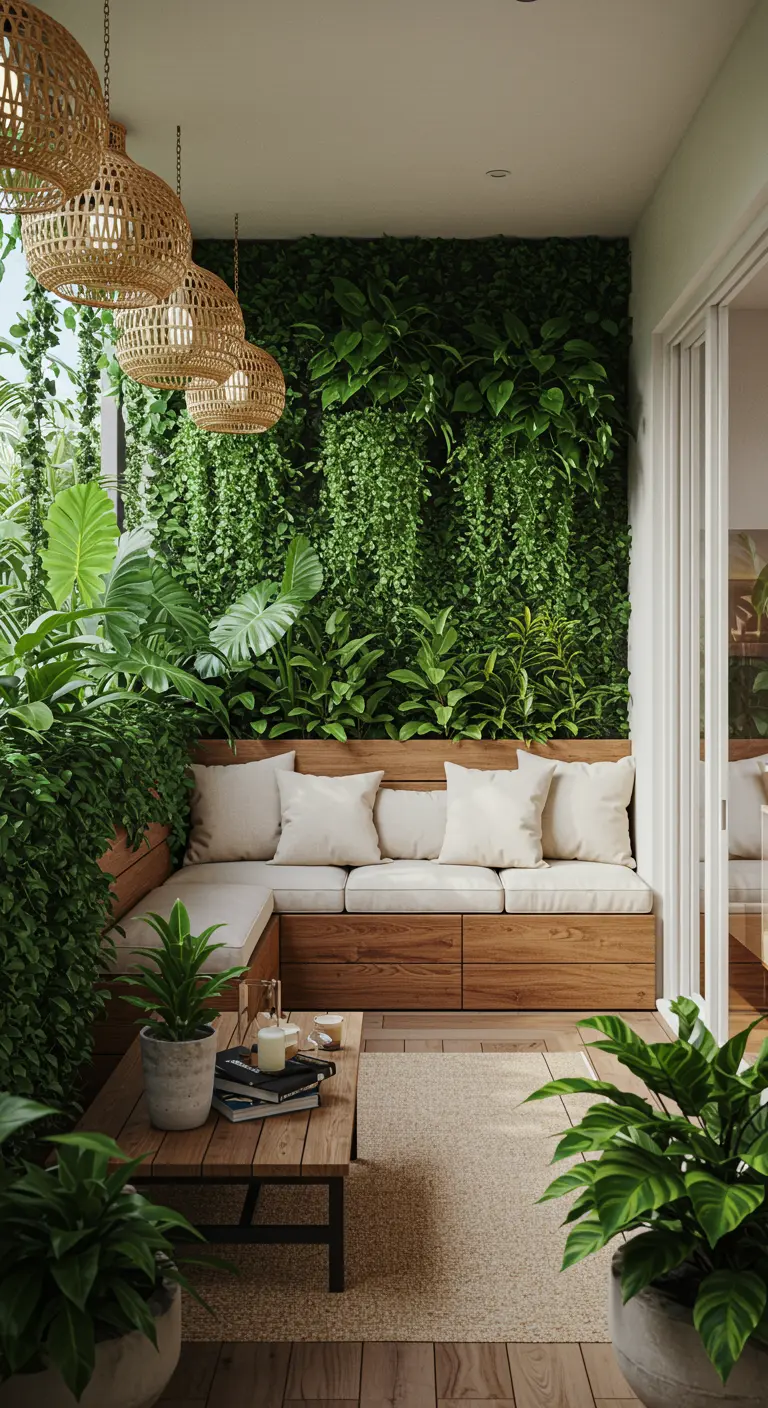 Balcón acogedor con un banco de madera en L, cojines blancos, pared verde y lámparas colgantes de mimbre.